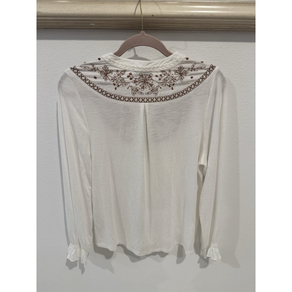 Democracy Boho Ivory Floral Embroidered Peasant Top Sz S Long Sleeve - Picture 4 of 9